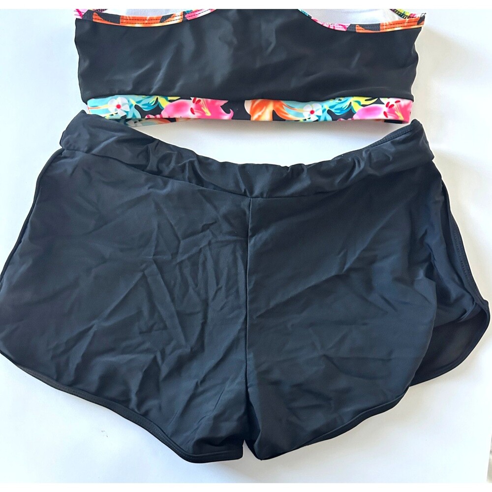 black tankini swimsuit set racerback top high waisted shorts s/m sporty color - Picture 3 of 6